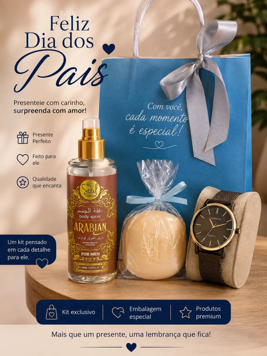 Kit Dia dos Pais com body splash, sabonete e relógio