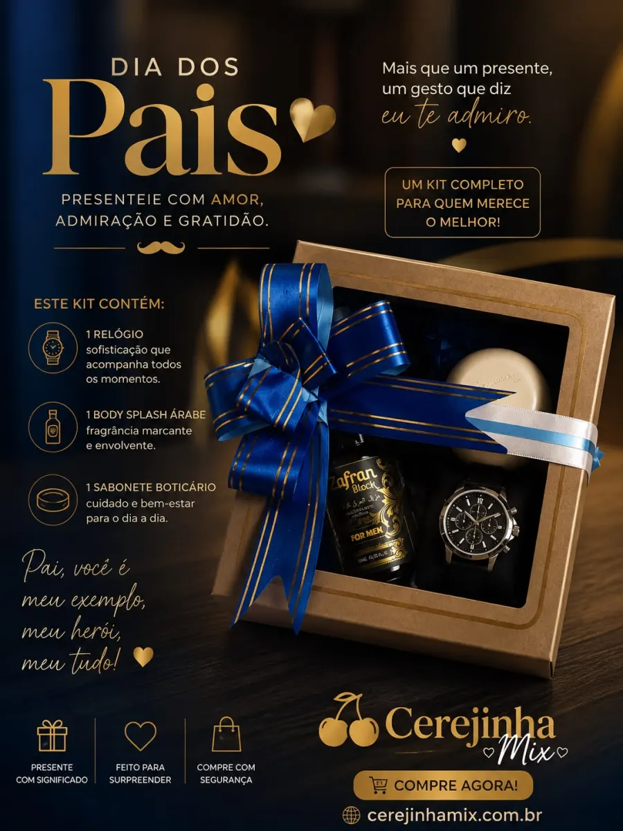 Kit Dia dos Pais com relógio, body splash árabe e sabonete