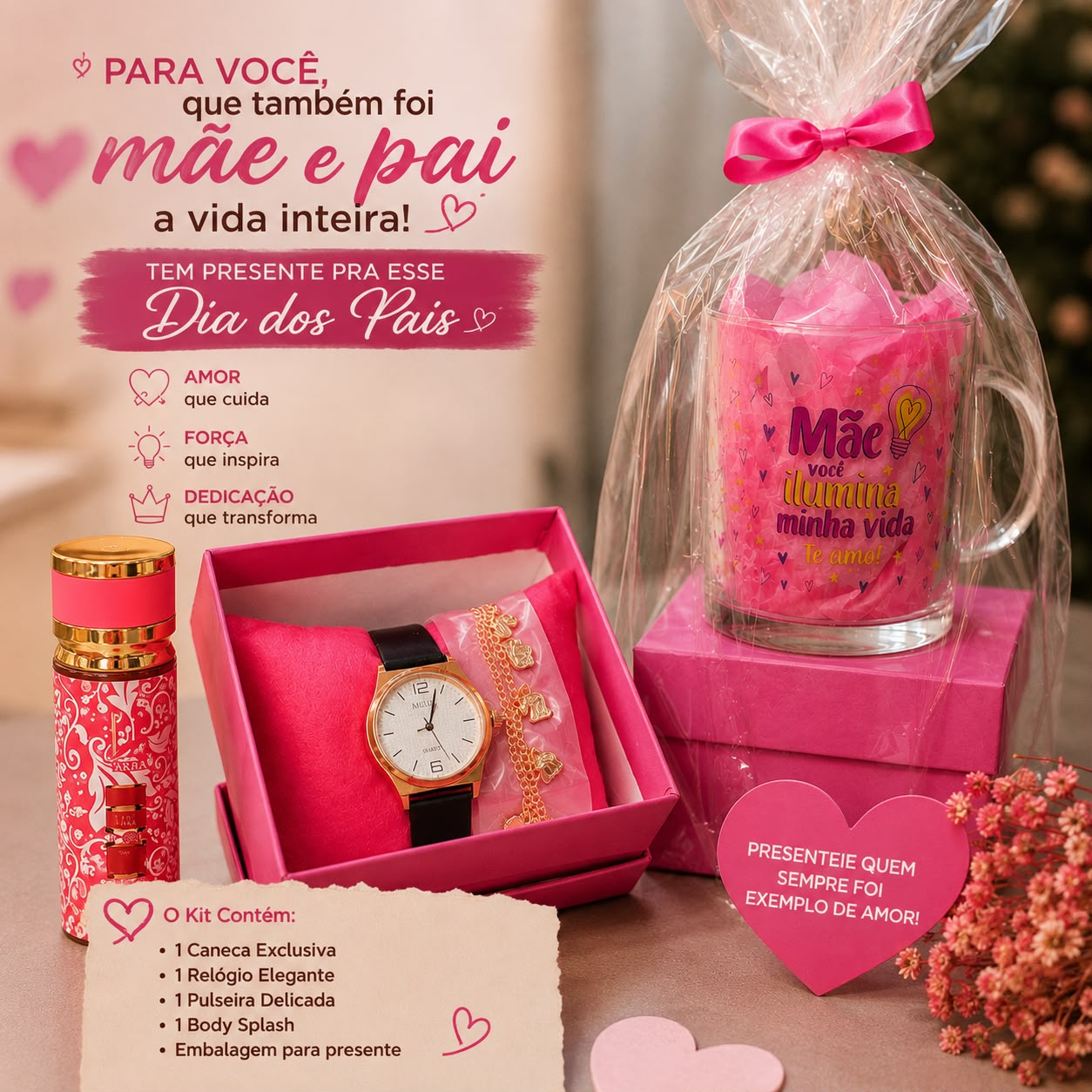 Kit Dia dos Pais Caneca, Relogio, Pulseira e Body Splash